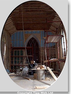 Church interior, restoration in progress.